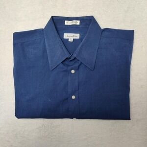 Christian Dior Shirt Men 18 32/33 Blue Solid Point Collar Long Sleeve Work Dress